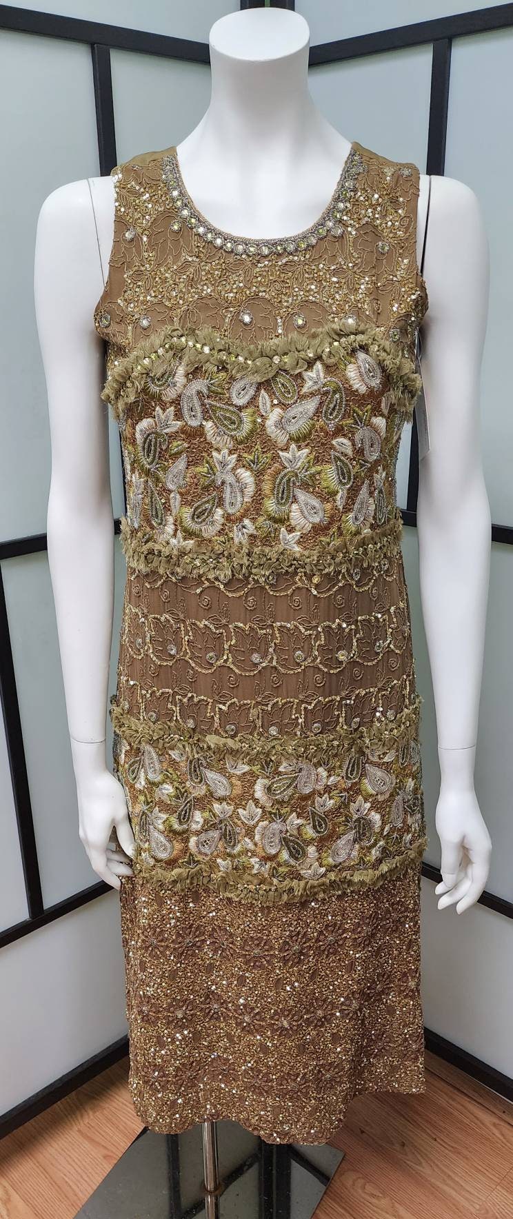 Vintage Indian Dress 1990s Brown Silk Bead Jewel Sequin Paisley Embroidered Tank Dress India Boho S