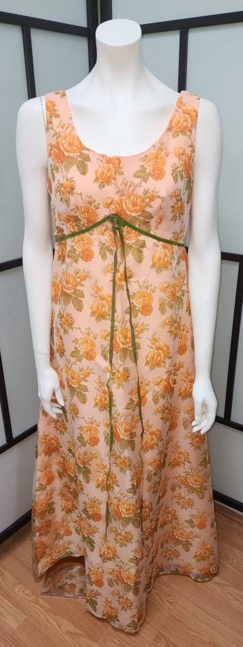 Vintage 1970s Dress with Jacket Long Orange Sherbet Floral Print Gown Matching Long Sleeve Bolero Jacket Prom Boho M