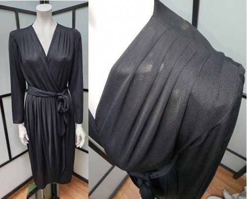 Vintage Black Dress 1970s Thin Semi Sheer Black Nylon Pseudo Wrap Dress Caron Disco Dancing Boho M