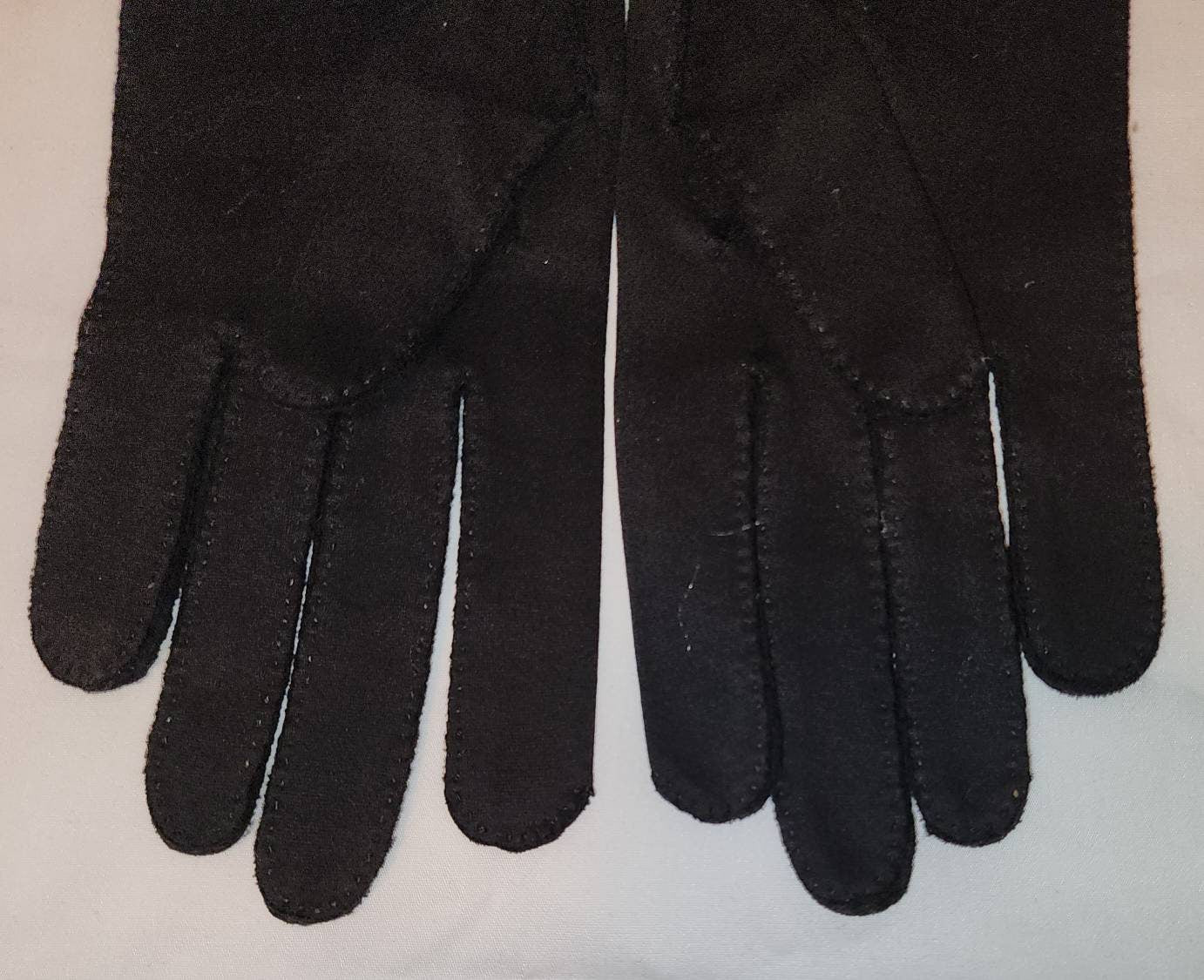 Unworn Vintage Gloves 1940s Black Fabric Gloves Circles Tiny Stud Detail Elvette Art Deco Mid Century Rockabilly NWT 7 1/2