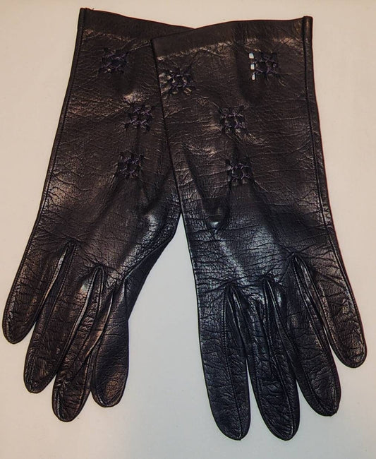 Vintage Leather Gloves 1950s 60s Thin Very Dark Blue Purple Leather Gloves Open Checkerboard Pattern Mid Century Rockabilly M