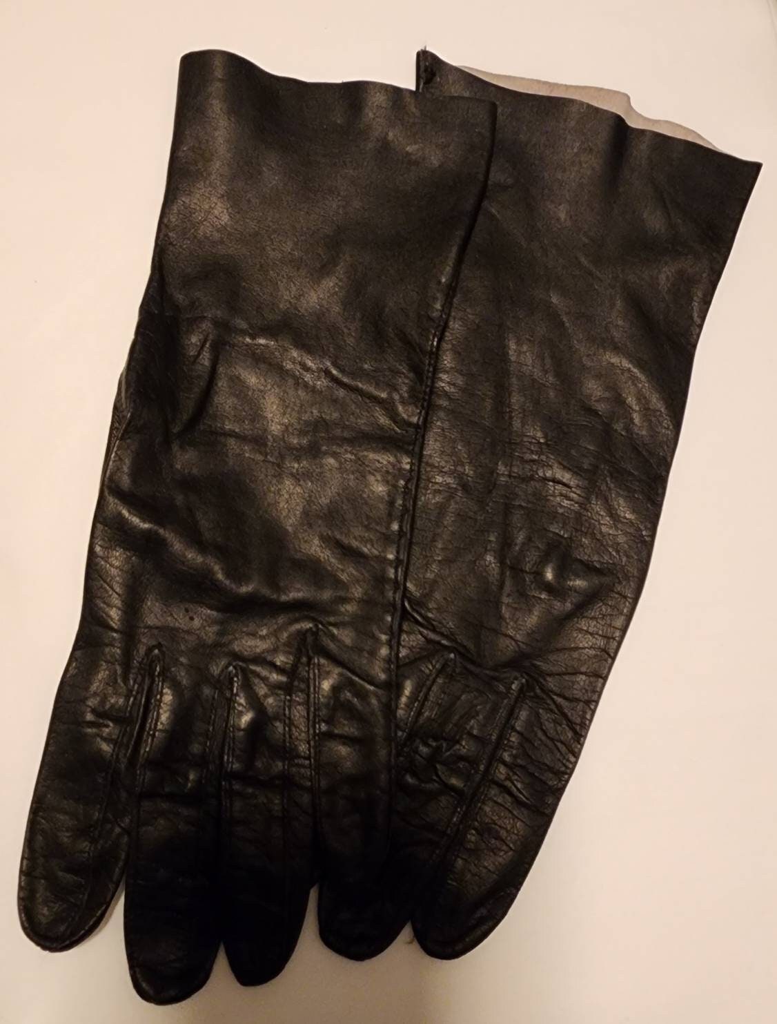 Vintage Leather Gloves 1950s Thin Black Leather Midlength Gloves Mid Century Rockabilly 7