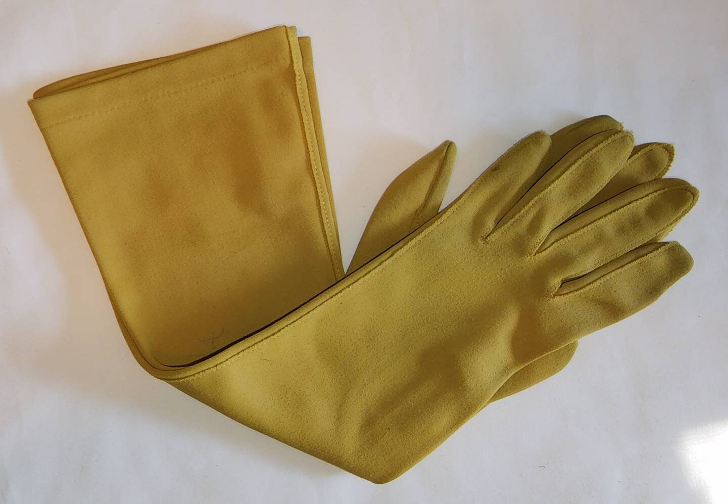 Vintage Mustard Gloves 1950s Long Dark Gold Yellow Fabric Gloves Elbow Length Cloth Gloves Mid Century Rockabilly