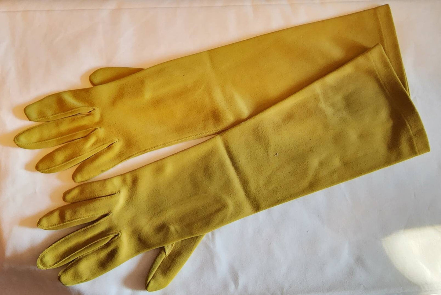 Vintage Mustard Gloves 1950s Long Dark Gold Yellow Fabric Gloves Elbow Length Cloth Gloves Mid Century Rockabilly