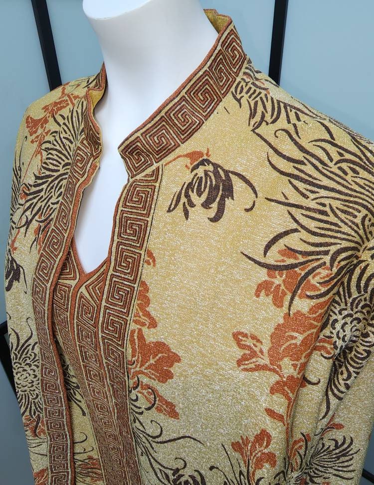 Vintage Long Dress and Jacket 1970s Gold Metallic Gown Maxi Dress Earthtone Chrysanthemum Print Greek Key Trim Matching Jacket Boho XL