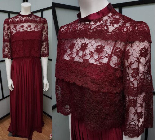 Vintage Dress and Jacket 1970s Long Wine Colored Gown Small Lace Jacket Boho Prom Bridesmaid M