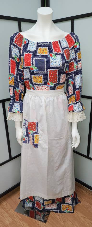 Vintage Colonial America Costume 1970s Long Multicolor Patchwork Dress Apron Shawl Cap Bicentennial Patriotic Whimsical  to L