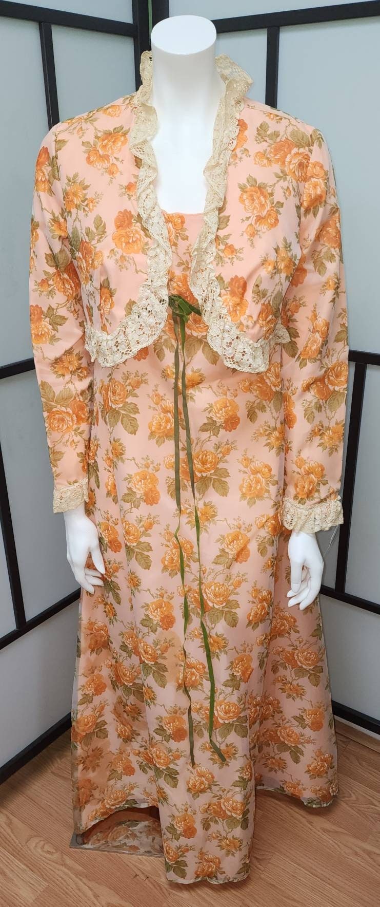 Vintage 1970s Dress with Jacket Long Orange Sherbet Floral Print Gown Matching Long Sleeve Bolero Jacket Prom Boho M