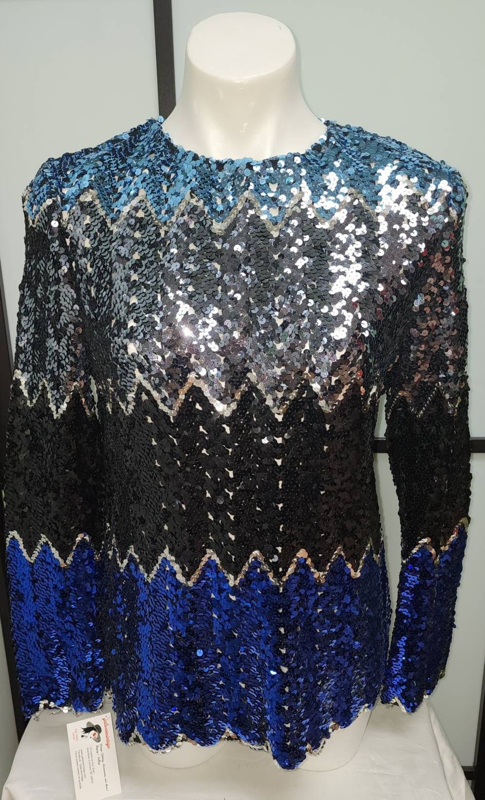 Vintage Sequin Top 1970s 80s Blue Gray Black Silver Long Sleeve Zig Zag Pattern Sequin Top Party Boho L