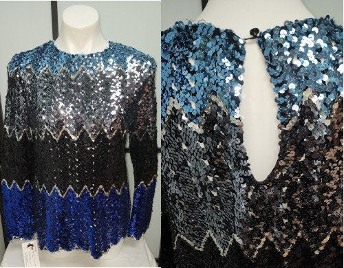 Vintage Sequin Top 1970s 80s Blue Gray Black Silver Long Sleeve Zig Zag Pattern Sequin Top Party Boho L
