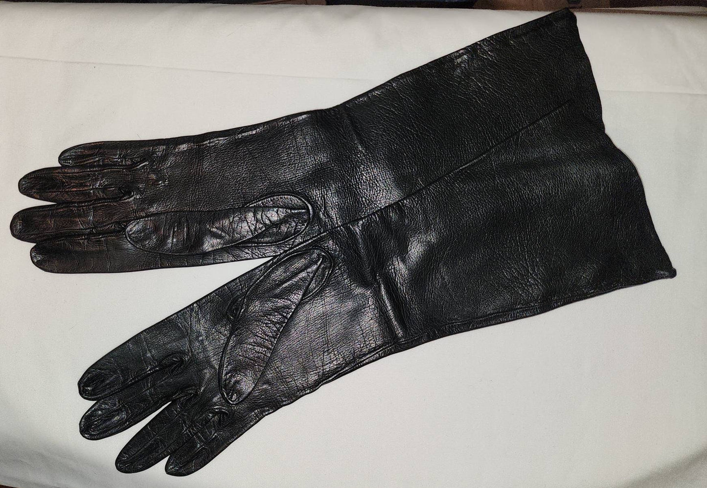 Vintage Leather Gloves 1950s 60s Long Thin Black Leather Gloves Mid Century Fetish