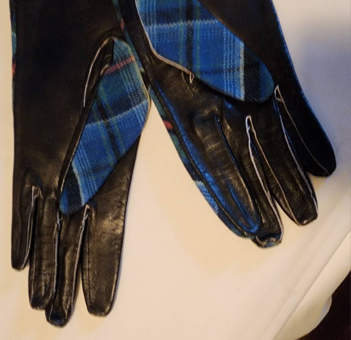 Unworn Vintage Gloves 1950s Blue Tartan Plaid Fabric Black Leather Gloves A Stuart Glove Made in England Mid Century Boho 7