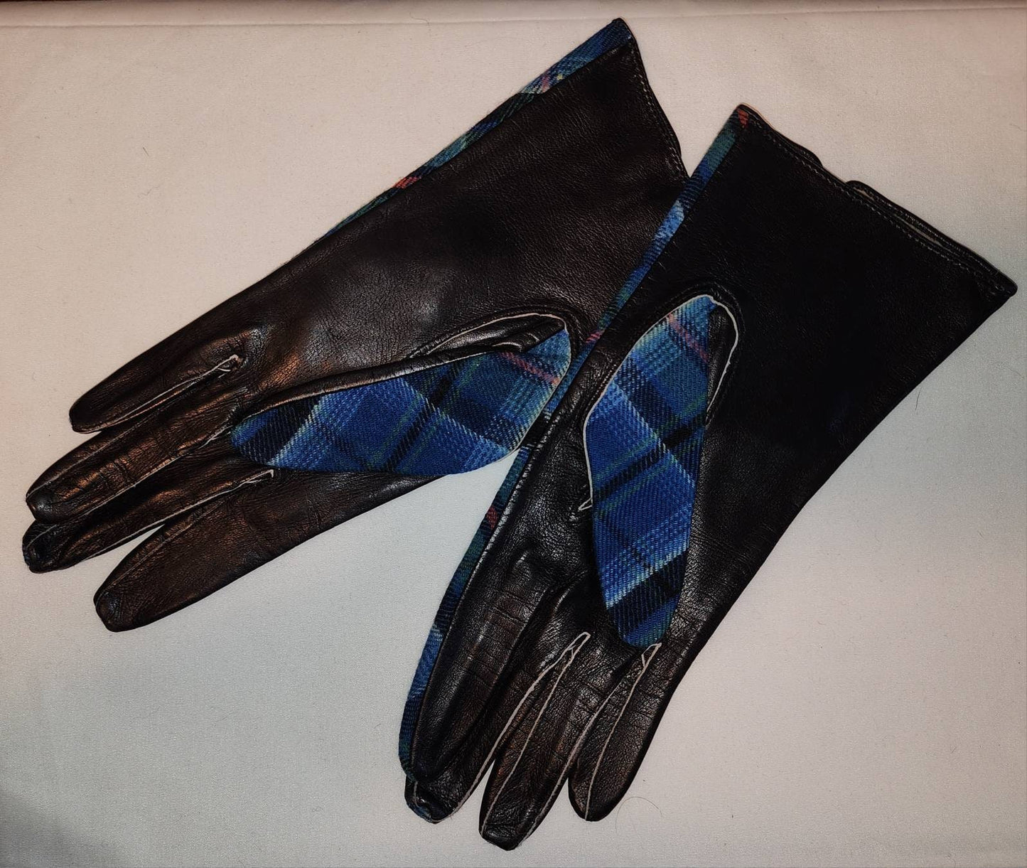 Unworn Vintage Gloves 1950s Blue Tartan Plaid Fabric Black Leather Gloves A Stuart Glove Made in England Mid Century Boho 7