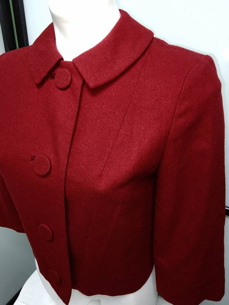 Vintage Wool Jacket 1950s 60s Pendleton Fitted Cropped Red Wool Bolero Jacket Mid Century Rockabilly S stains in lining