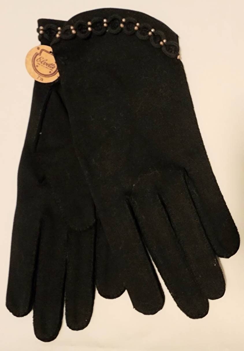 Unworn Vintage Gloves 1940s Black Fabric Gloves Circles Tiny Stud Detail Elvette Art Deco Mid Century Rockabilly NWT 7 1/2