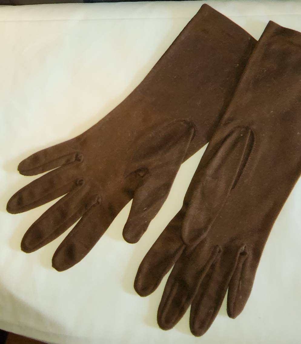 Vintage Brown Gloves 1950s 60s Midlength Brown Fabric Gloves Complexion By Hansen Mid Century Rockabilly 7
