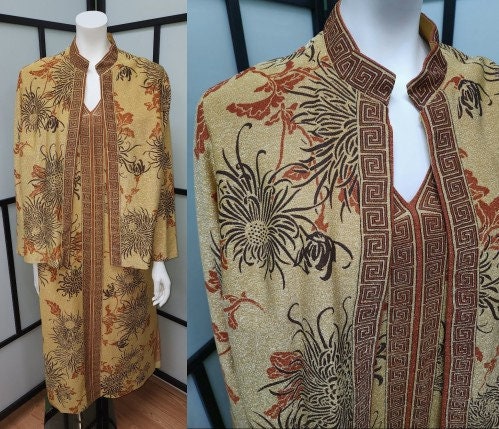 Vintage Long Dress and Jacket 1970s Gold Metallic Gown Maxi Dress Earthtone Chrysanthemum Print Greek Key Trim Matching Jacket Boho XL