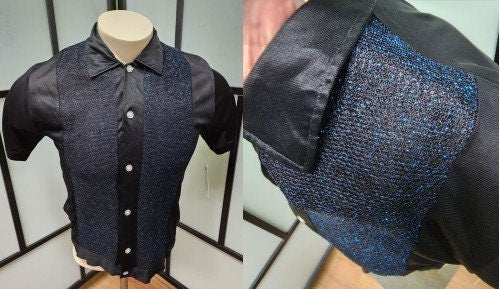 Vintage Men's Shirt 1960s Black Nylon Blue Glitter Lurex Shirt Jac Mid Century Rockabilly Musician Stagewear Band M