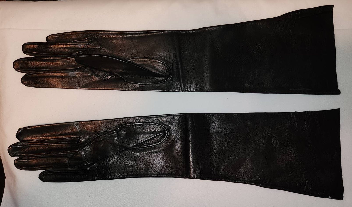 Unworn Vintage Leather Gloves 1950s 60s Long Thin Black Leather Gloves Mid Century Fetish Boho 6 3/4