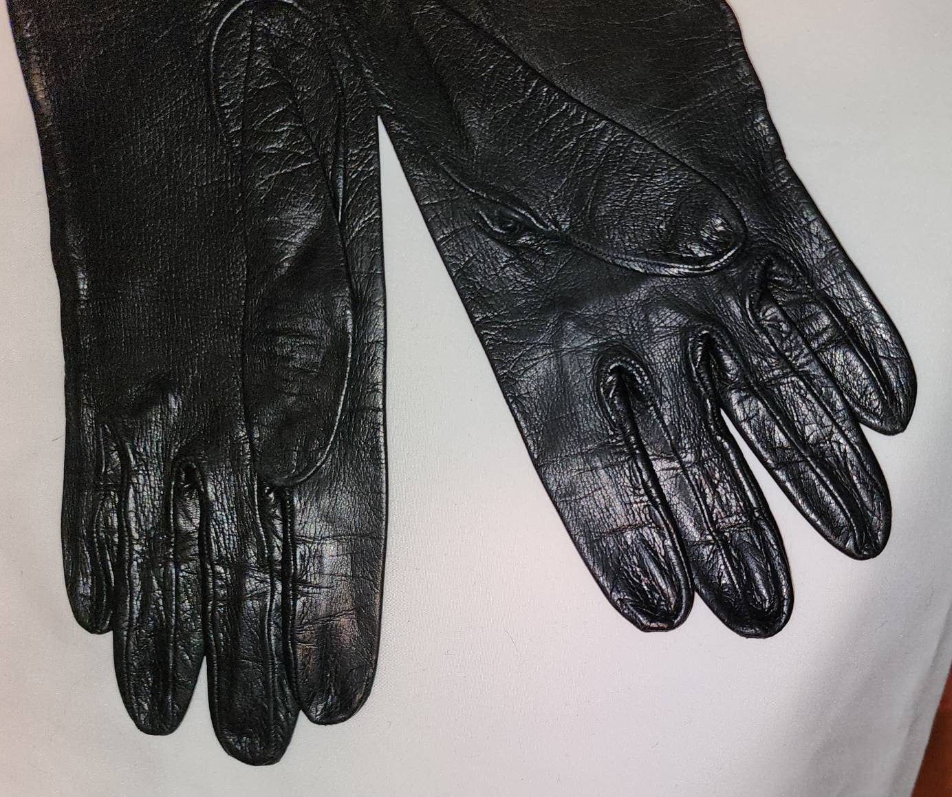Vintage Leather Gloves 1950s 60s Long Thin Black Leather Gloves Mid Century Fetish