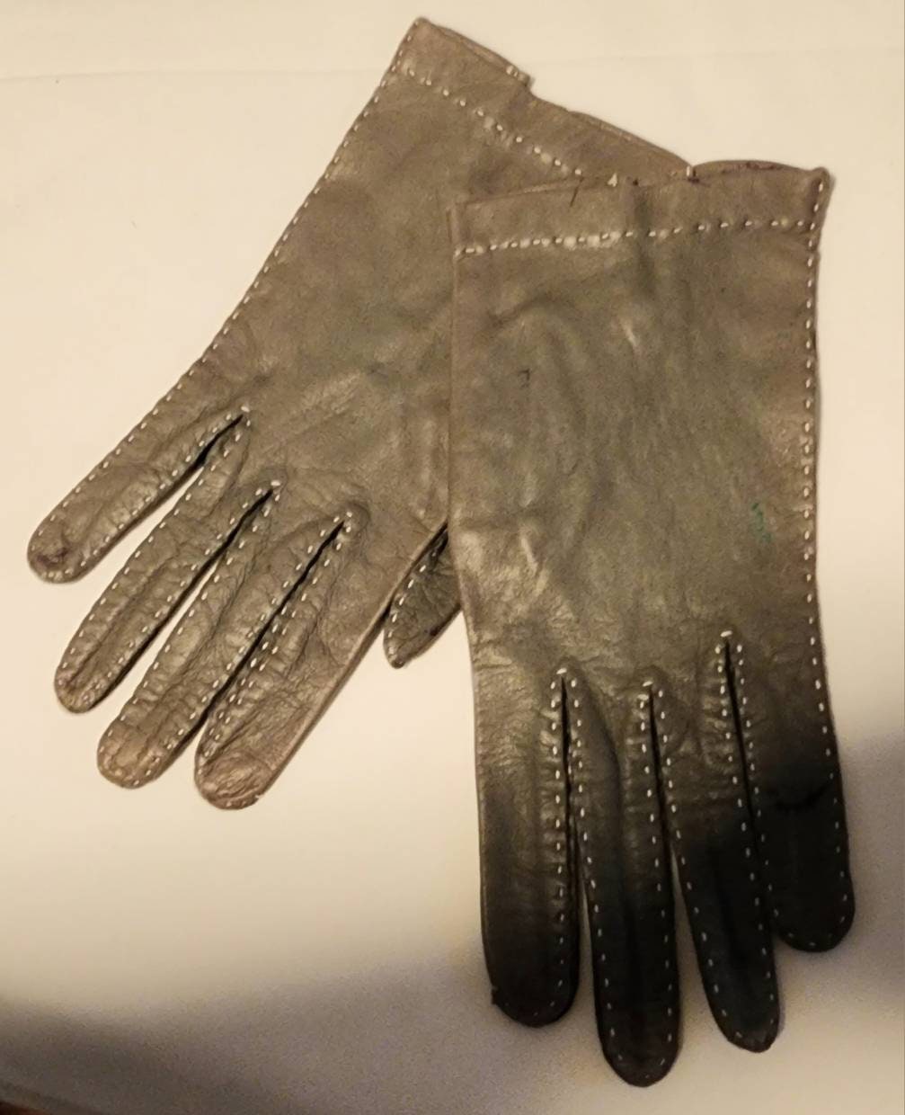 Vintage Leather Gloves 1950s 60s Thin Gray Green Leather Wrist Gloves Contrasting Stitching Mid Century Boho some marks