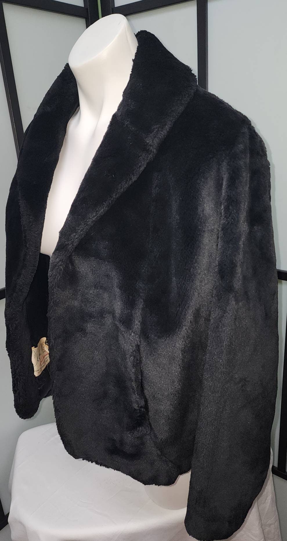 Vintage Faux Fur Jacket 1950s 60s Black Plushy Faux Fur Open Jacket Black Satin Lining Rose Pattern Mid Century Rockabilly Pinup M L