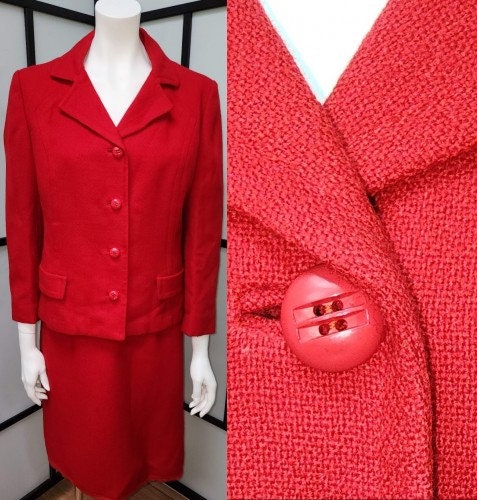 Vintage Women's Suit 1960s Red Wool Skirt Suit Unique Buttons Pencil Skirt Mid Century Rockabilly M skirt needs hem