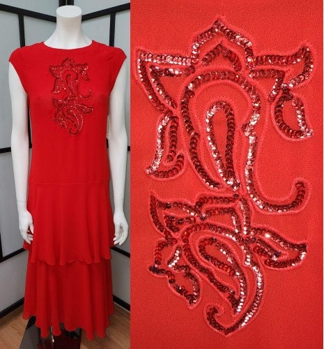 Vintage Peplum Dress Bright Red 1970s does 1930s 40s Peplum Flapper Dress Large Sequin Floral Applique WWII Mid Century Rockabilly M