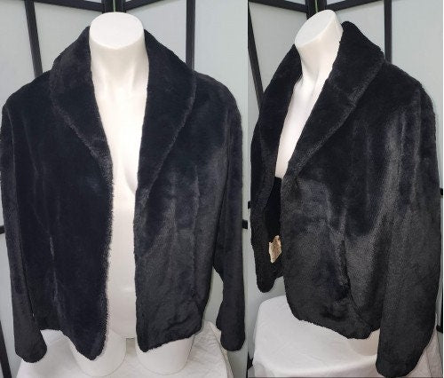 Vintage Faux Fur Jacket 1950s 60s Black Plushy Faux Fur Open Jacket Black Satin Lining Rose Pattern Mid Century Rockabilly Pinup M L