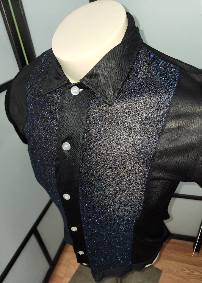 Vintage Men's Shirt 1960s Black Nylon Blue Glitter Lurex Shirt Jac Mid Century Rockabilly Musician Stagewear Band M