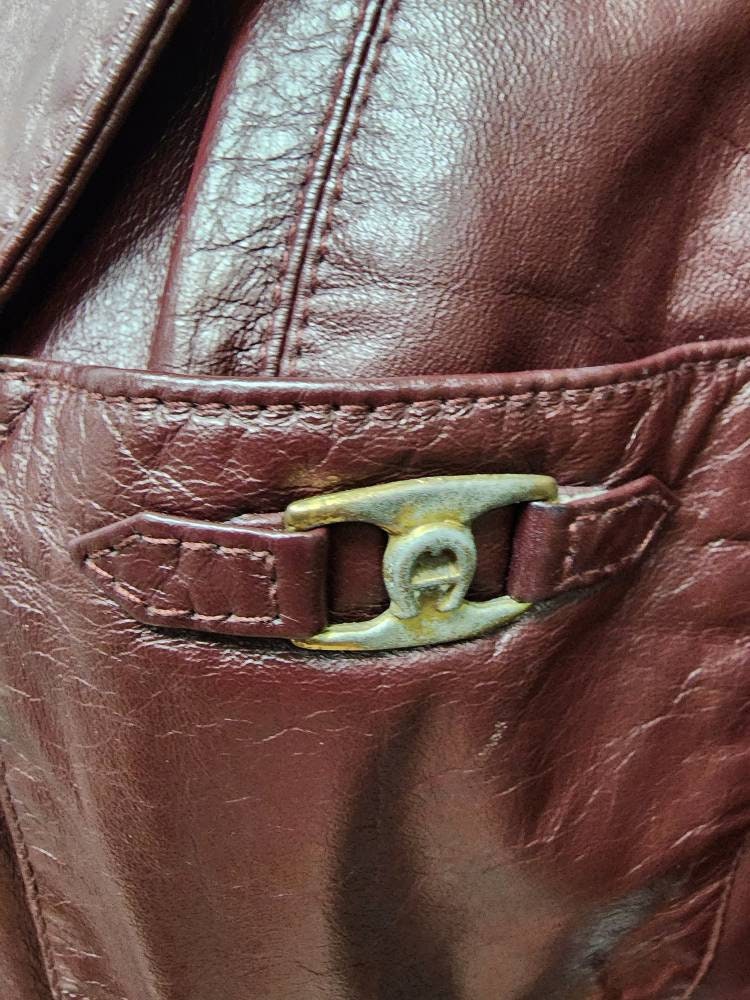 Vintage Leather Jacket 1970s Designer Etienne Aigner Oxblood Leather Blazer Jacket Gold Metal Logos Boho L