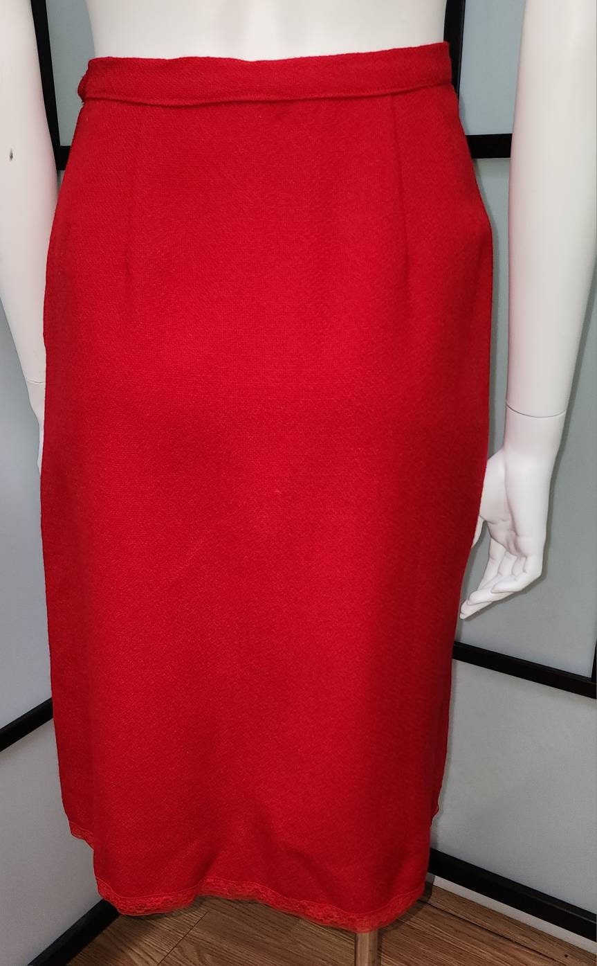 Vintage Women's Suit 1960s Red Wool Skirt Suit Unique Buttons Pencil Skirt Mid Century Rockabilly M skirt needs hem