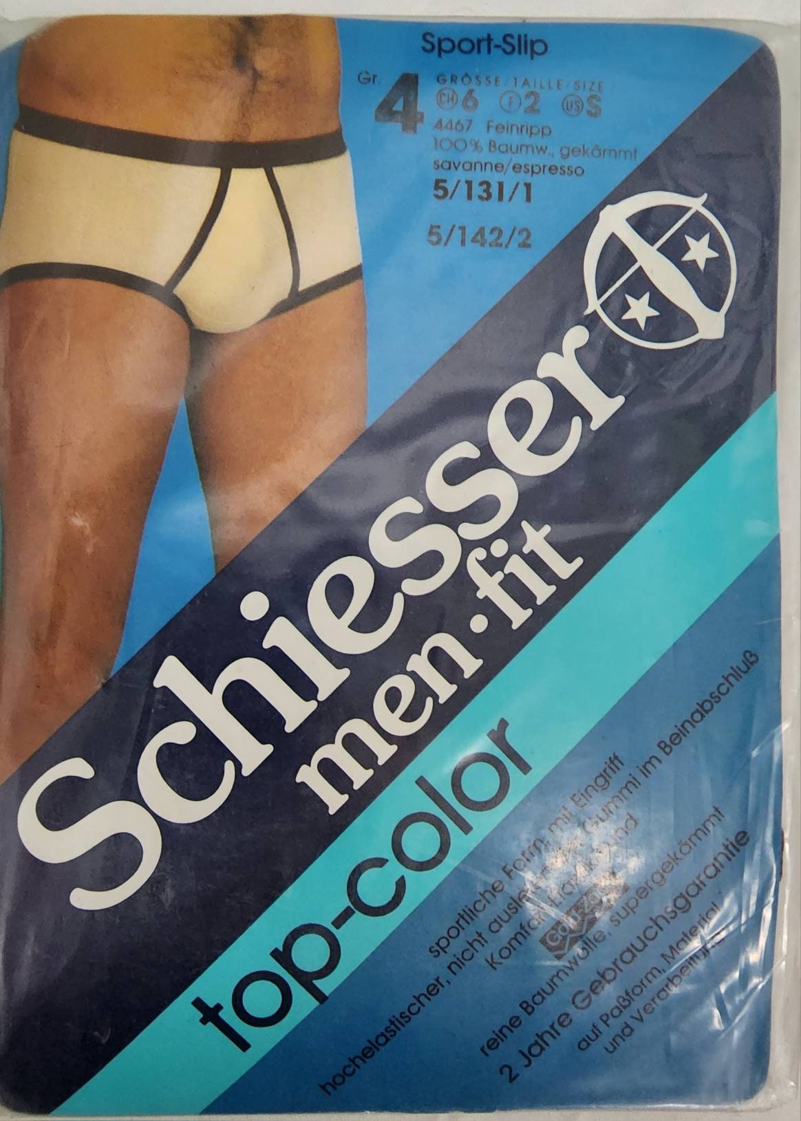 DEADSTOCK Men's Underwear 1970s Unworn Tan Briefs Brown Trim Schiesser men-fit NIP German Hipster 4 XS S