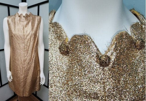 Vintage Gold Dress 1960s Gold Metallic Glitter Dress Mod Go Go