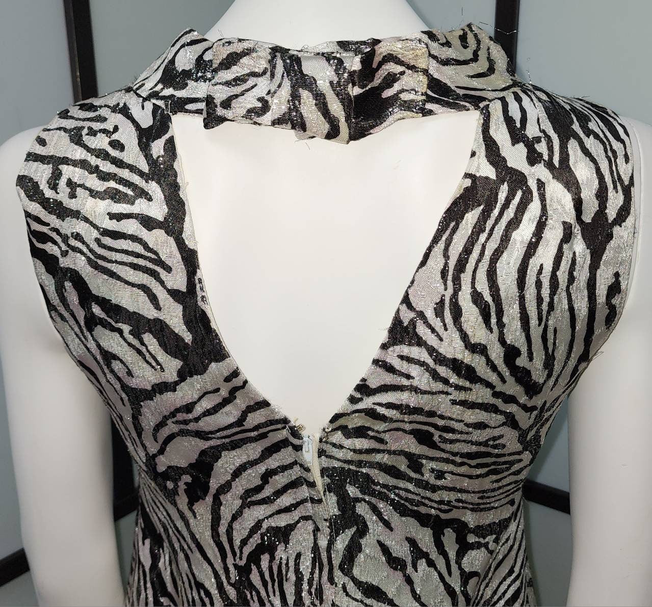 Vintage Metallic Dress 1960s Silver Black Tiger Stripe Glitter Metallic Dress Open Back Trude Jr. California Mod Go Go S