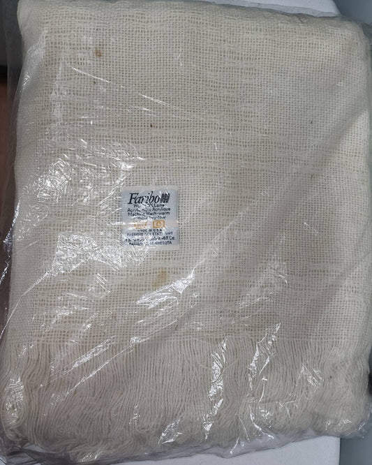 Unused Vintage Blanket 1970s 80s Faribo Wool Blend Thin Cream Fringed Blanket Washable NIP 72 x 90 in. some age stains