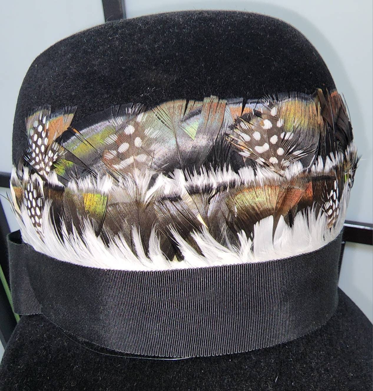 Vintage Feather Hat 1960s Tall Round Black Wool Felt Bucket Hat Black White Brown Feathers Mod Boho 21.5 inches