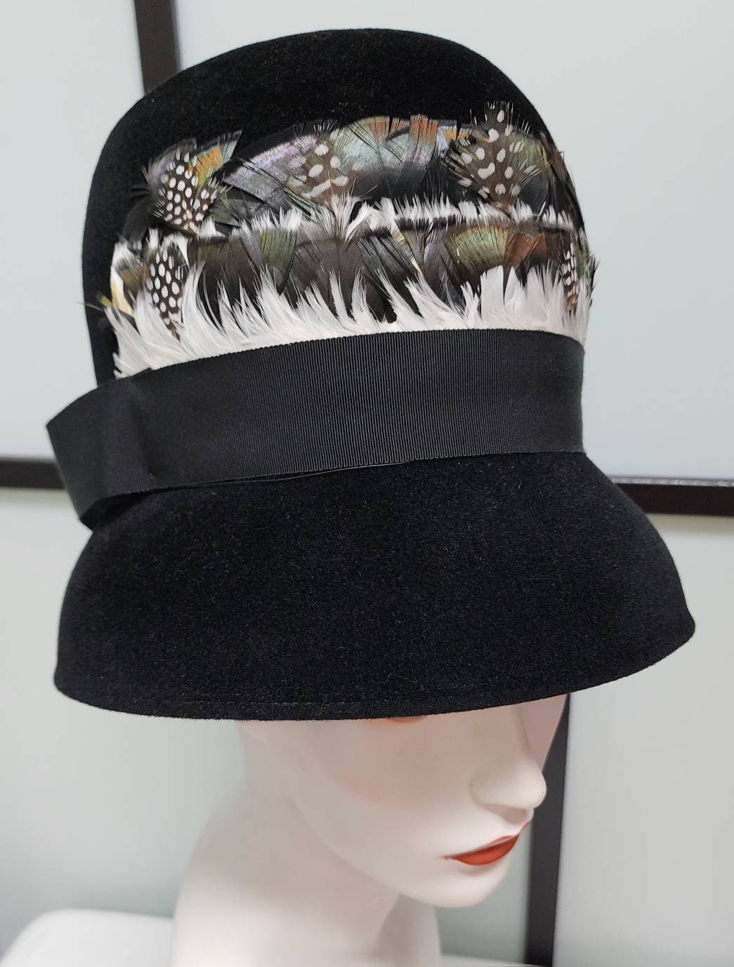 Vintage Feather Hat 1960s Tall Round Black Wool Felt Bucket Hat Black White Brown Feathers Mod Boho 21.5 inches