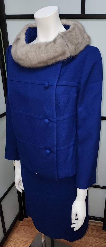 Unworn Vintage Skirt Suit 1950s 60s Bright Blue Wool Suit Huge Silver Mink Fur Collar Jack Bloom California NWT Mid Century Rockabilly M