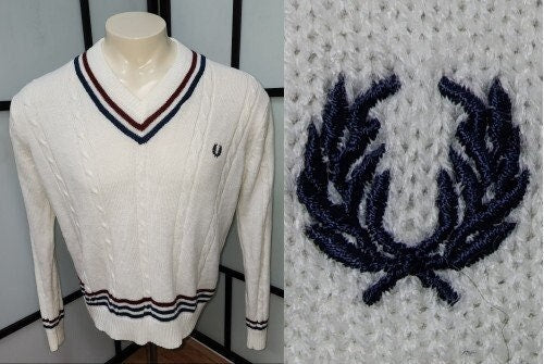 Vintage Fred Perry Sweater White Cable Knit Pullover Navy Red Stripe Trim V Neck Embroidered Crest Logo Unisex Boho L