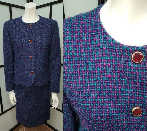 Vintage Skirt Suit 1980s 90s Pendleton Purple Turquoise Check Wool Skirt Suit Cool Buttons Classic M L Petite
