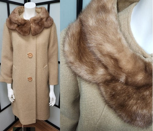 Vintage 1950s Coat Beige Wool Coat Large Honey Brown Mink Fur Collar Satin Embroidered Lining Mid Century Rockabilly L