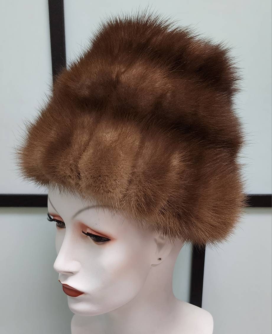 Vintage Mink Fur Hat Tall 1950s 60s Light Honey Brown Sleek Fluffy Mink Fur Hat Mid Century Chic