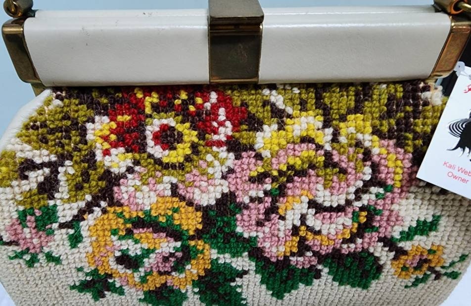 Vintage Tapestry Purse 1960s Beige Floral Needlepoint Tapestry Purse Jana Mid Century Rockabilly
