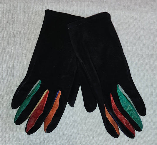 Vintage 1950s Gloves Black Velvety Gloves Multicolor Leather Trim on Fingers Mid Century Rockabilly Boho S