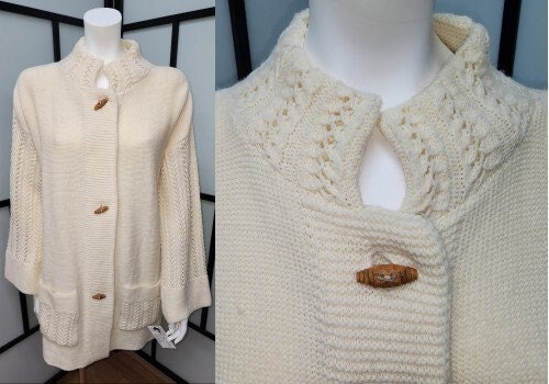 Vintage Long Sweater 1970s Oversize Cream Acrylic Knit Cardigan Open Weave Sleeves Wood Barrel Buttons Miss Azure Hippie Boho M L