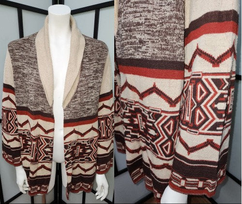Vintage 1970s Sweater Earthtone Acrylic Native American Abstract Geo Pattern Open Cardigan Hippie Boho M