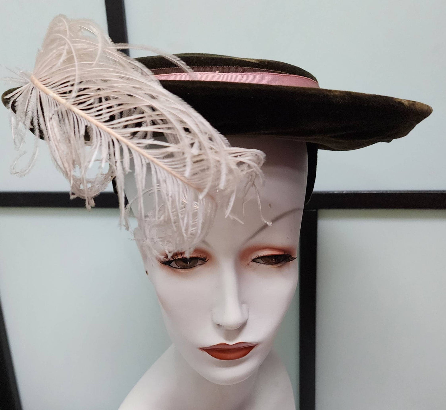 Vintage 1930s Hat Large Round Brown Velvet Pancake Perch Tilt Hat Pink Trim Huge Pink Plume Feather Art Deco 19 in.