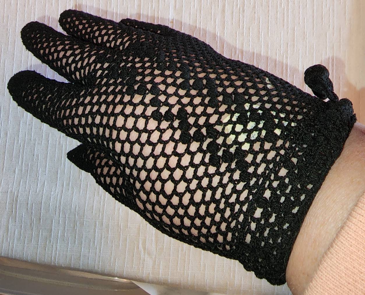 Vintage Net Gloves 1950s Black Crochet Nylon Net Wrist Gloves Dangling Ball Details Wear Right Italy Mid Century Rockabilly Boho