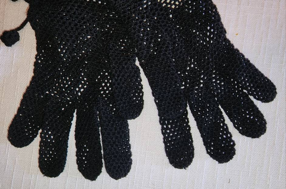 Vintage Net Gloves 1950s Black Crochet Nylon Net Wrist Gloves Dangling Ball Details Wear Right Italy Mid Century Rockabilly Boho